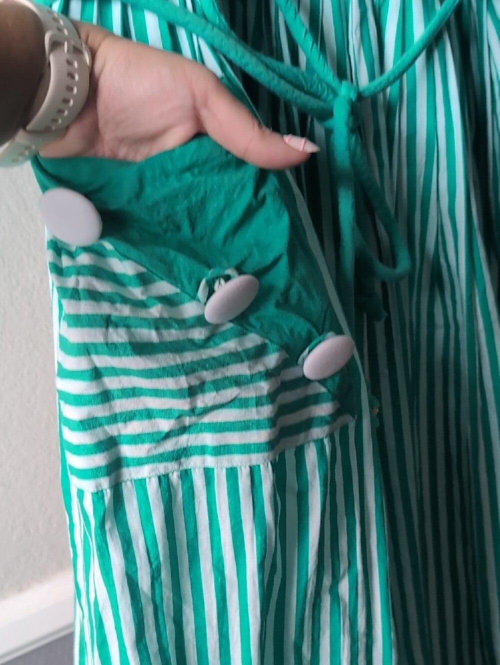 Unique Vintage Women's Hamilton Green Stripe Summer Dress with Buttons, XL - Picture 3 of 7